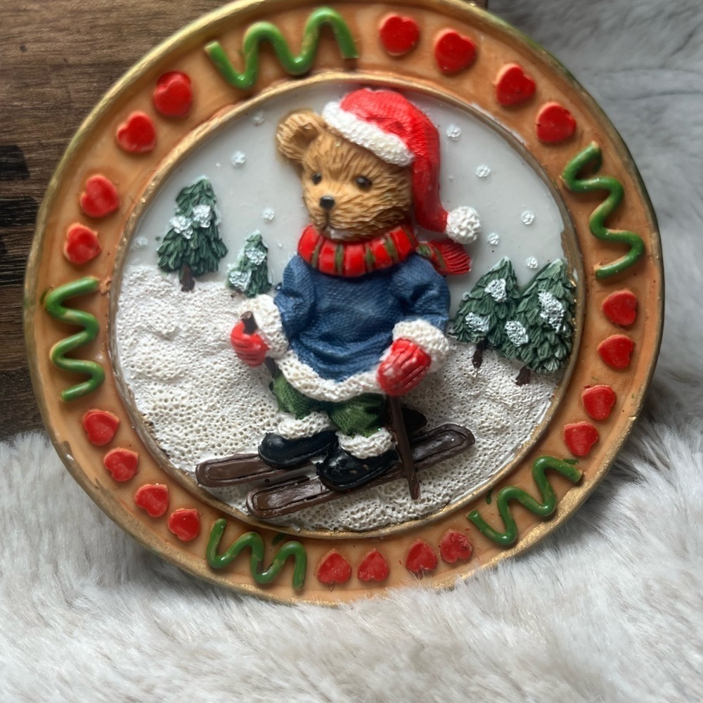 Vintage Christmas Bear Plate | Skiing Teddy Ornament | Holiday